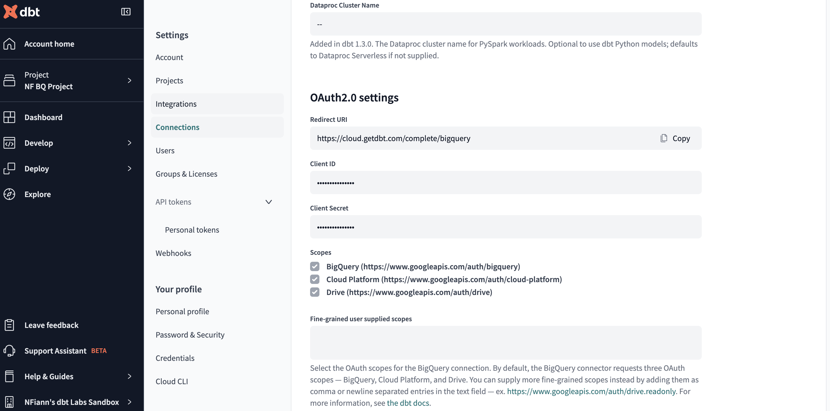 Accessing the BigQuery OAuth configuration in dbt Cloud